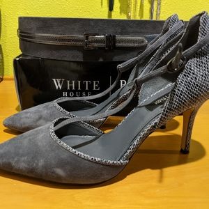 Gray suede and faux animal skin heels